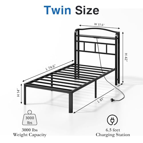 Black 14 Inch Full Size Metal Platform Bed Frame with Storage Headboard and Charging Station Z1579