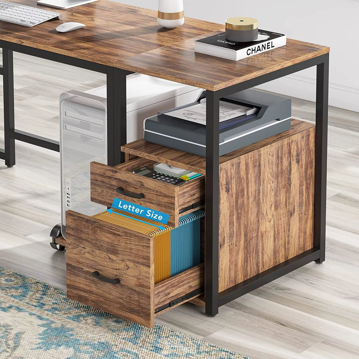70 Inch L-Shaped Desk with Bookcase Cabinet and Drawers S3526