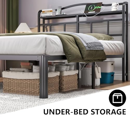 Black 14 Inch Full Size Metal Platform Bed Frame with Storage Headboard and Charging Station Z1579