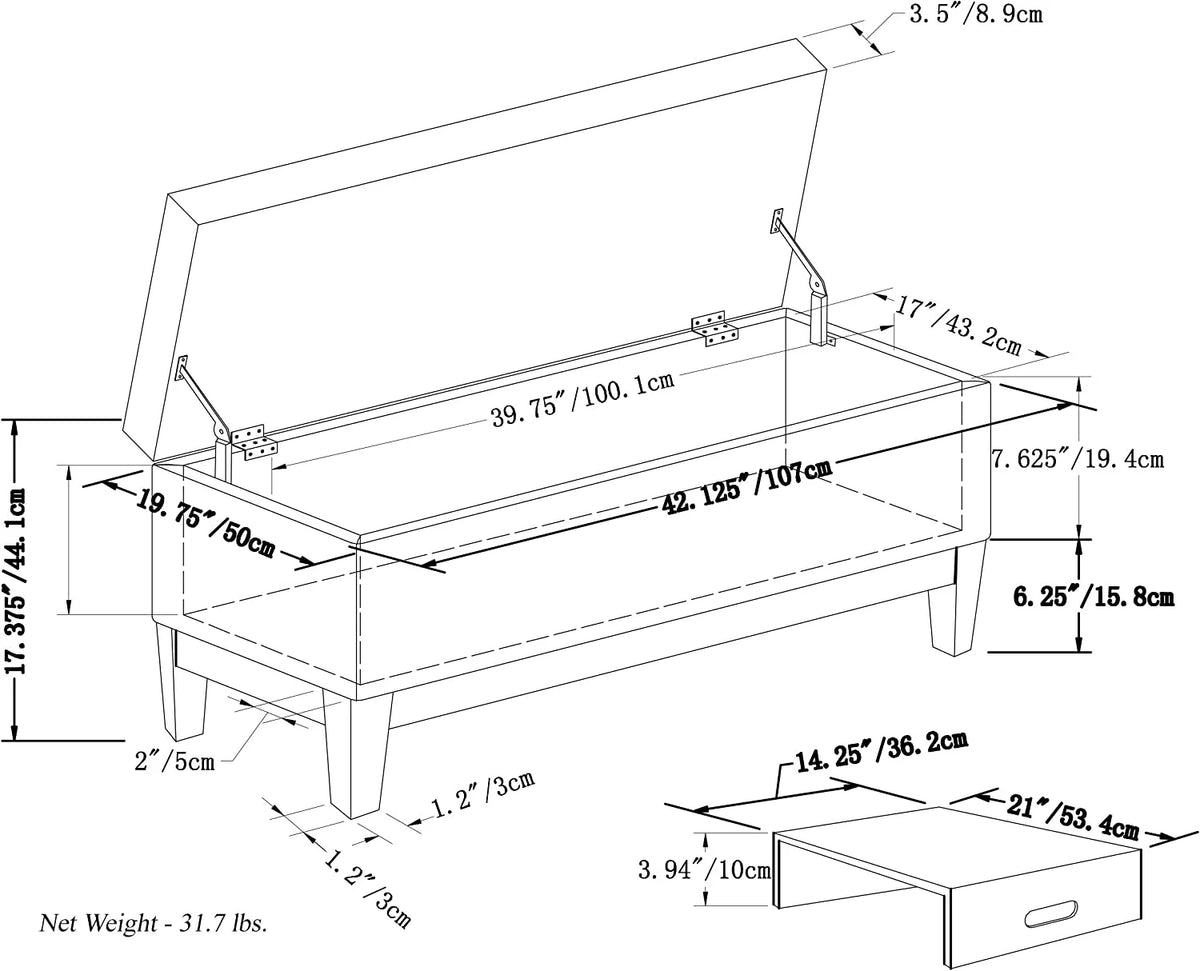 42 inch Lift Top Storage Coffee Table with Removable Tray T933