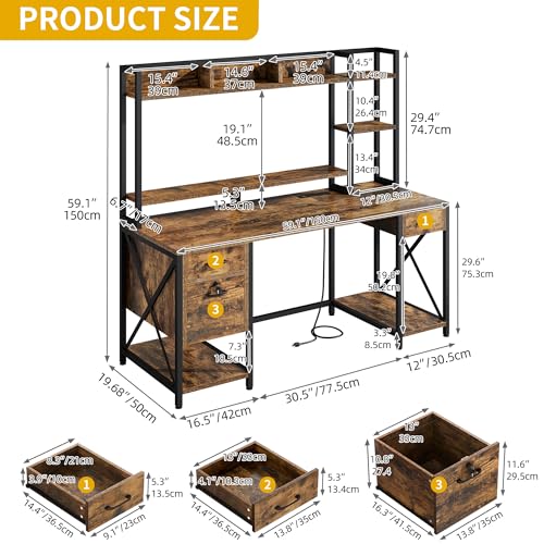 Rustic Brown Computer Desk with Drawers and Hutch G670