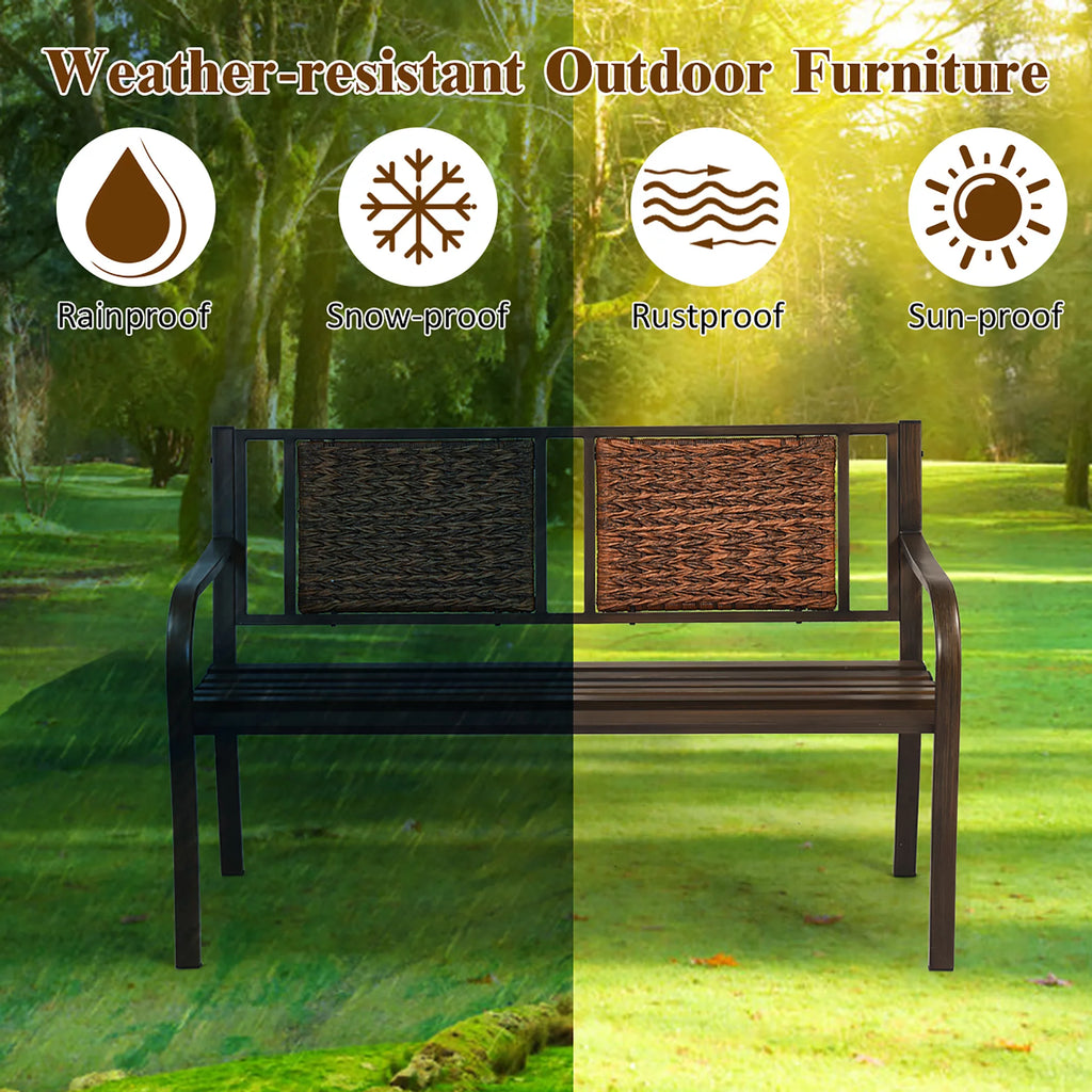 Patio Garden Bench Steel Frame Rattan Backrest C126651