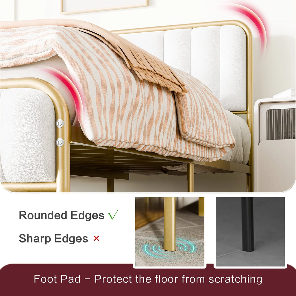 Gold Queen Size Velvet Fabric Headboard Metal Platform Bed V96017