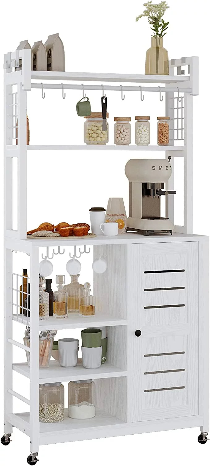 White Bakers Rack with Power Outlets and Cabinets C7099