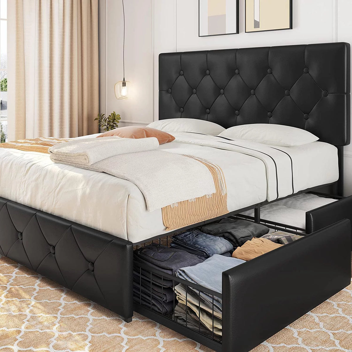 Queen Size Upholstered Bed Frame with 4 Drawers T676015