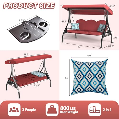 3 Seat Outdoor Patio Swing with Stand Adjustable Canopy Wine Red M505698