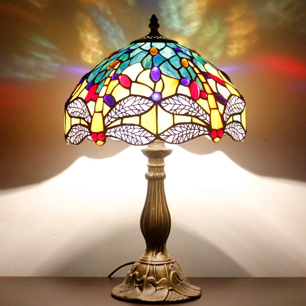 Sea Blue Yellow Stained Glass Dragonfly Style Table Lamp L88196