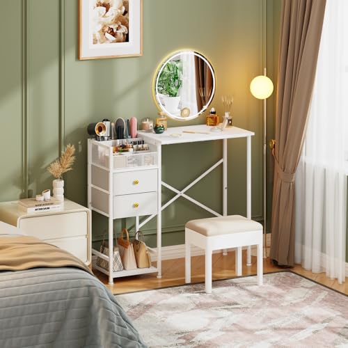 White Vanity Desk with 2 Fabric Drawers, 9 Compartments, Storage Shelves J610812