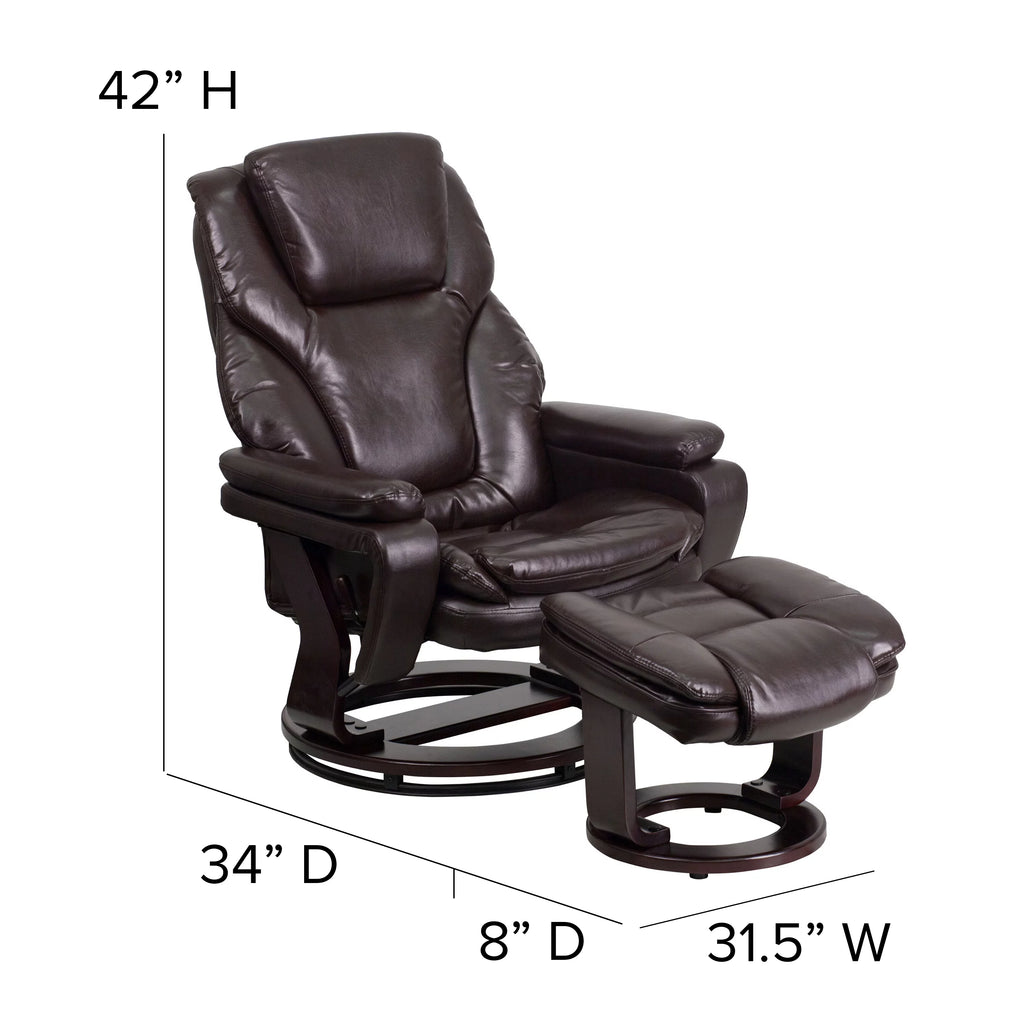 Brown LeatherSoft Recliner and Ottoman with Swivel Mahogany Wood Base M93940