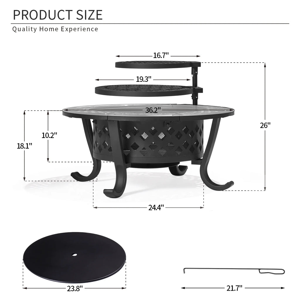 Black Metal Round Fire Pit with 2 Grill J1289