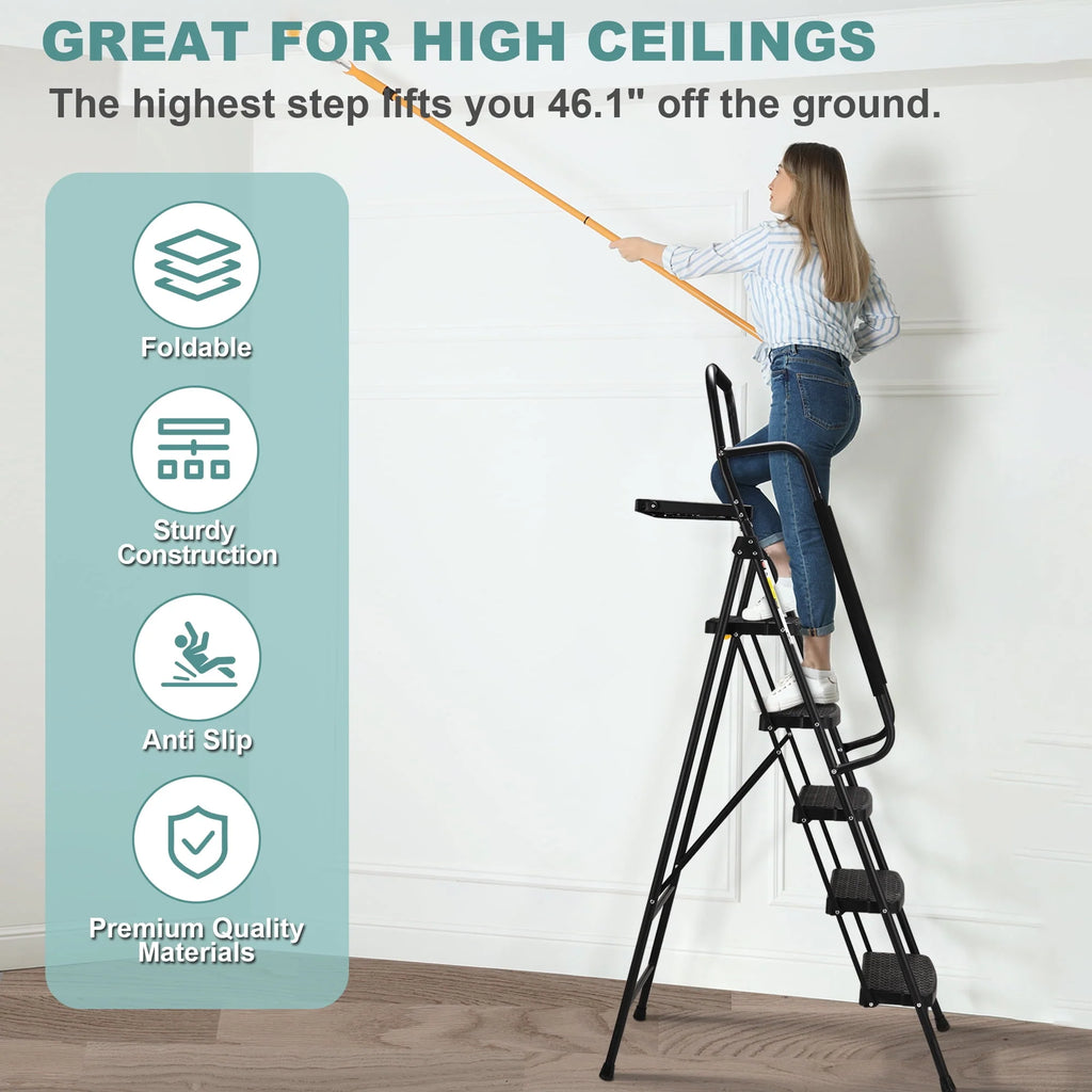 Folding 5-Step Ladder with Handrails and Tool Tray Q218