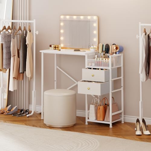 White Vanity Desk with 2 Fabric Drawers, 9 Compartments, Storage Shelves J610812