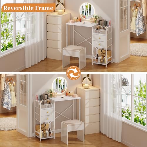 White Vanity Desk with 2 Fabric Drawers, 9 Compartments, Storage Shelves J610812