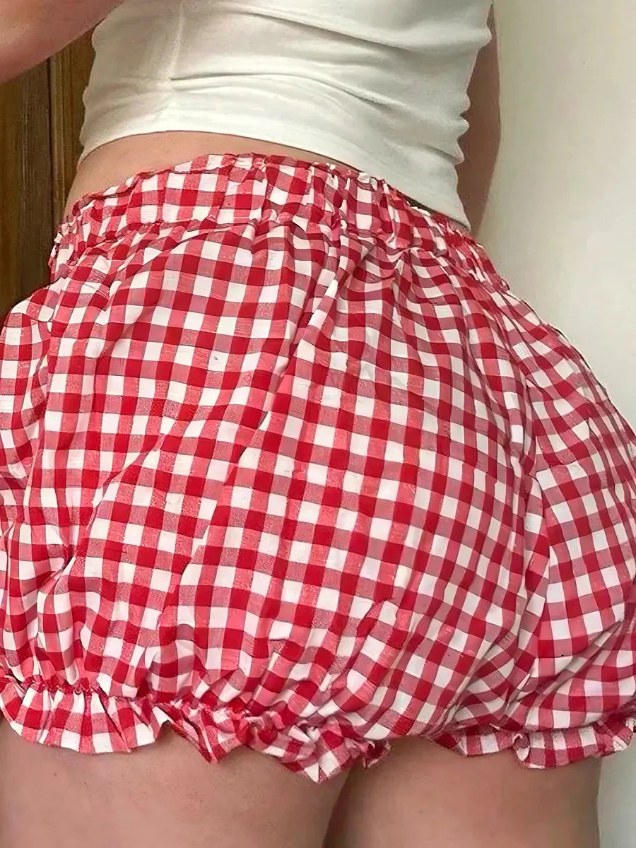 Retro Red Checked Ribbon Bubble Shorts W905