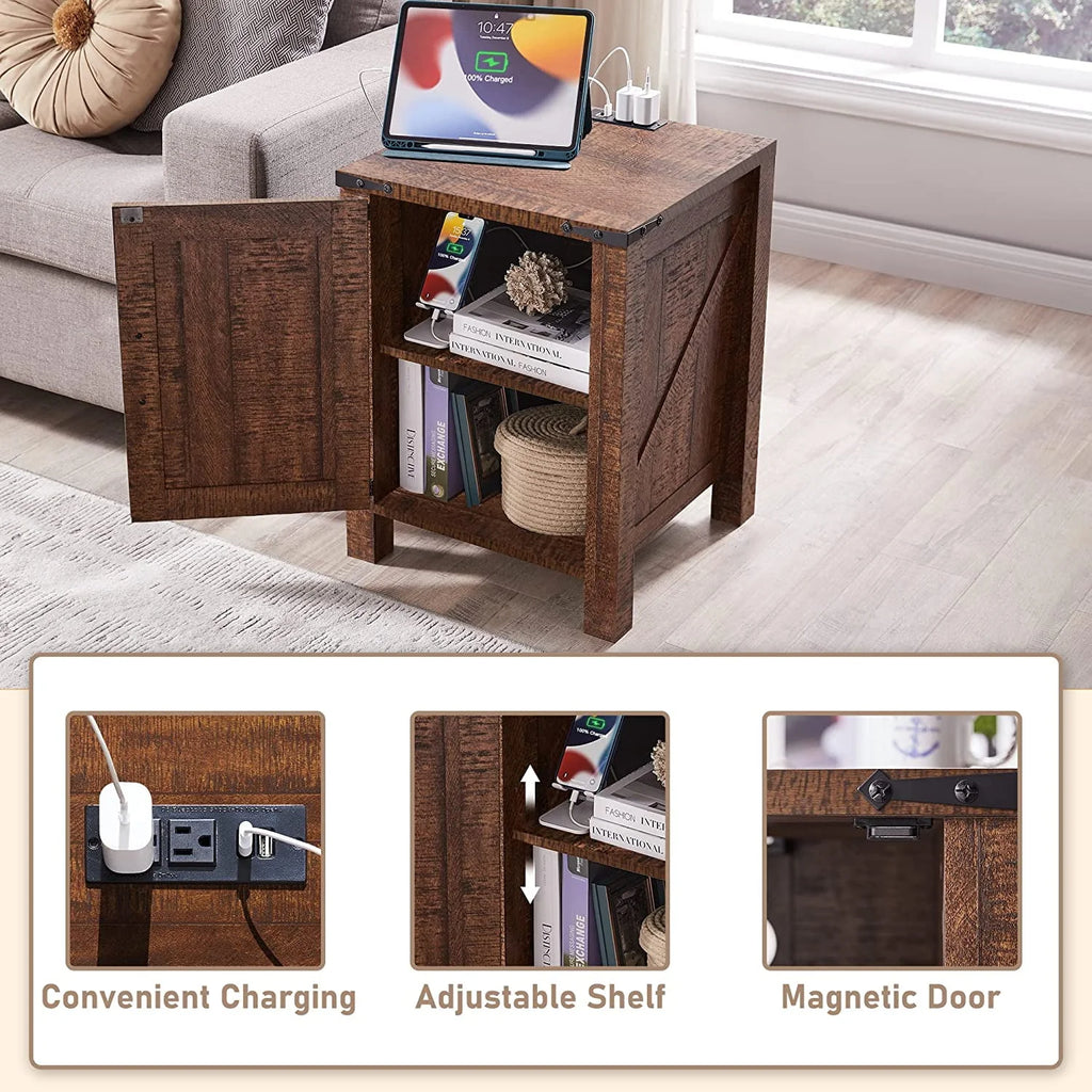 Light Rustic Oak Wood Metal End Side Table with Charging Station V2654