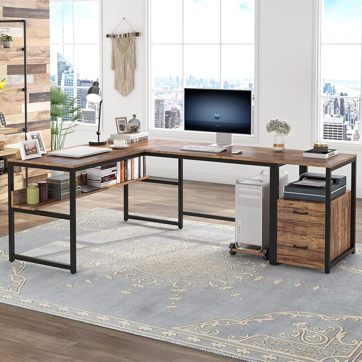 70 Inch L-Shaped Desk with Bookcase Cabinet and Drawers S3526