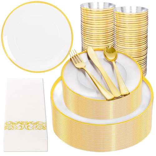 Black and Gold Plastic Plates 350PCS Disposable Dinnerware Set for 50 Guests Q607