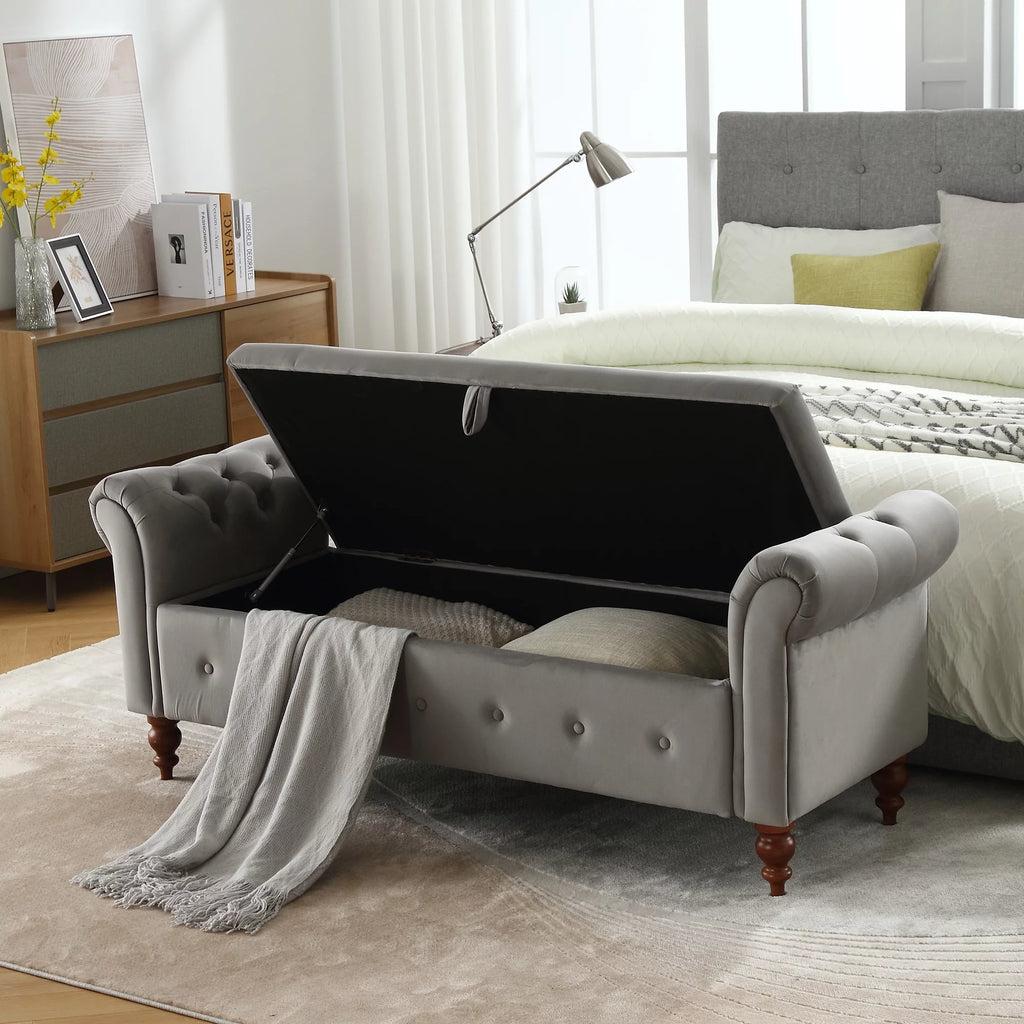 Gray Velvet Upholstered Storage Bench with Arms B312