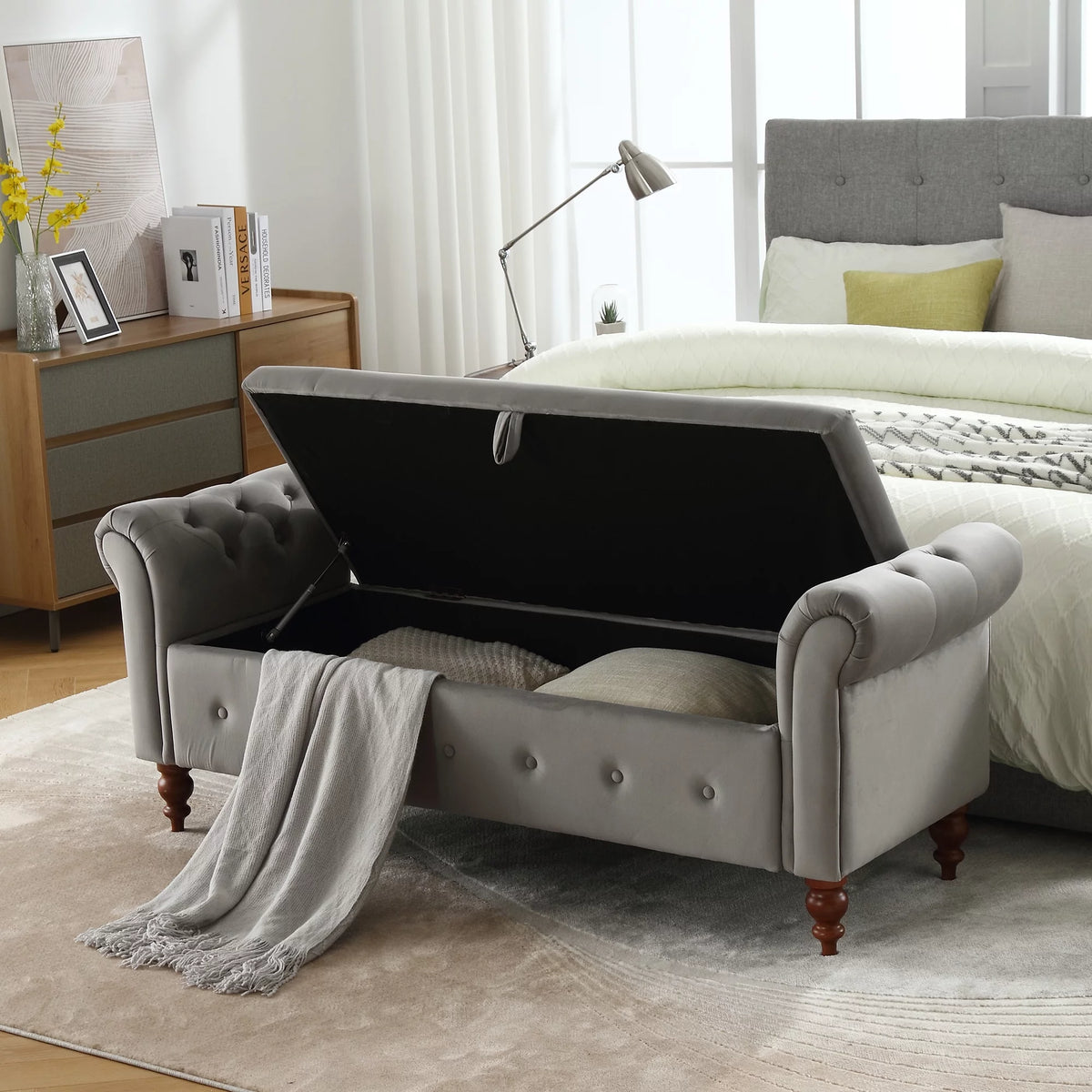 Gray Velvet Upholstered Storage Bench with Arms B312