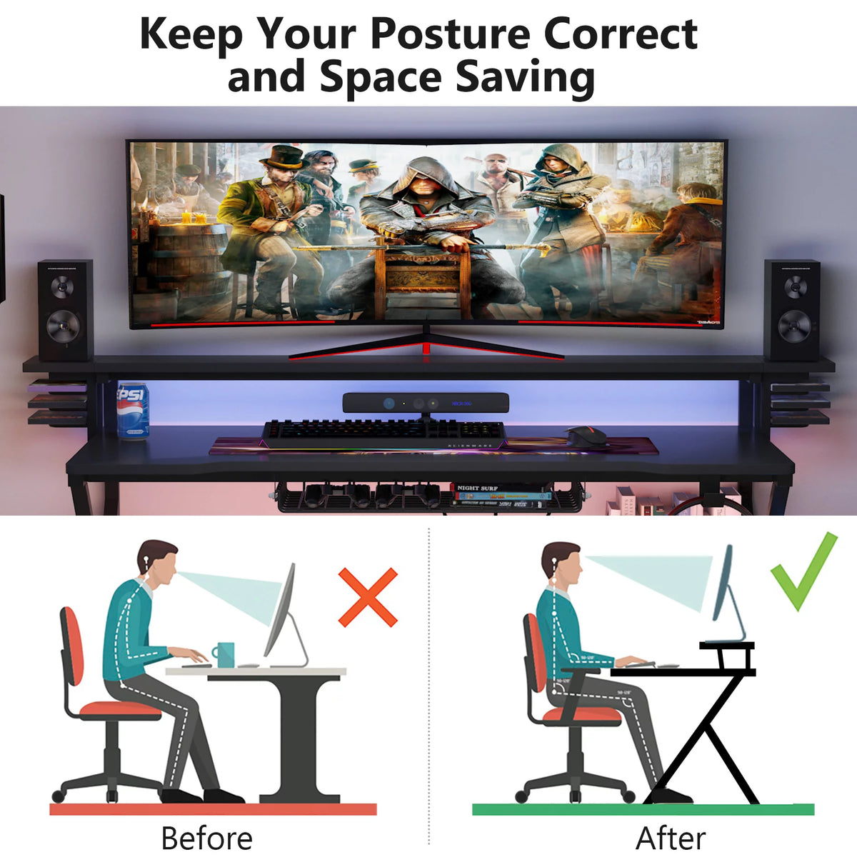 47 inches Gaming Desk with Monitor Stand O6861