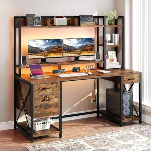 Rustic Brown Computer Desk with Drawers and Hutch G670