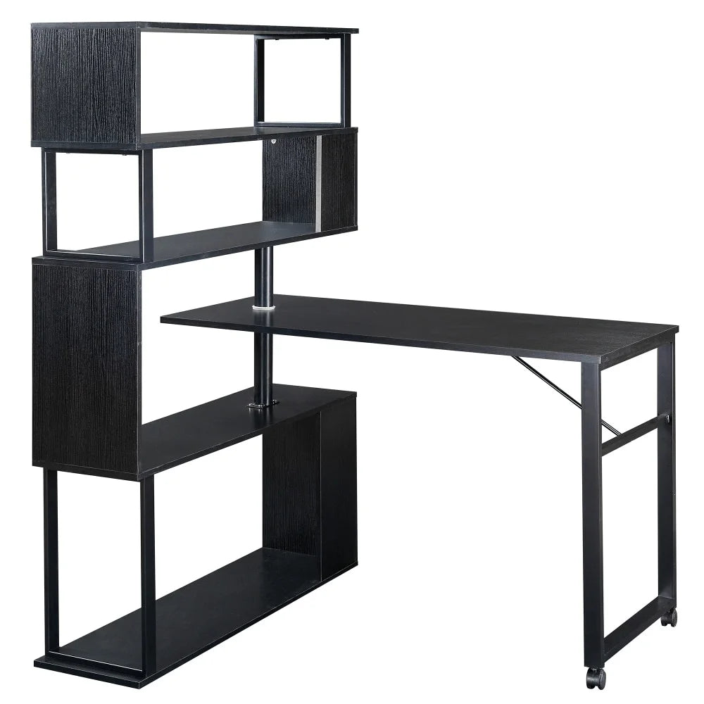 L-Shaped Corner Computer Desk with 5-Tier Bookshelf Black M771