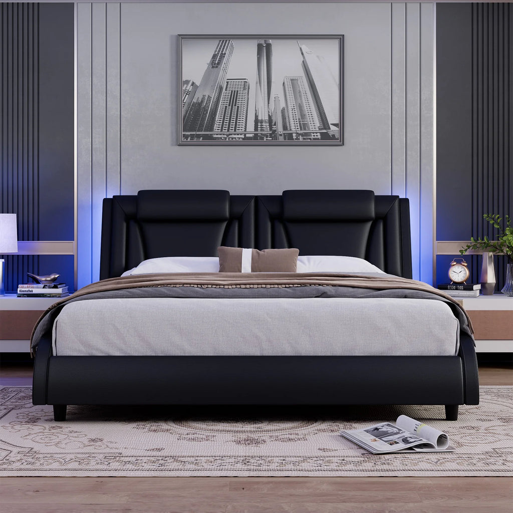 Queen LED PU Leather Upholstered Platform Bed with Adjustable Headboard Q40031
