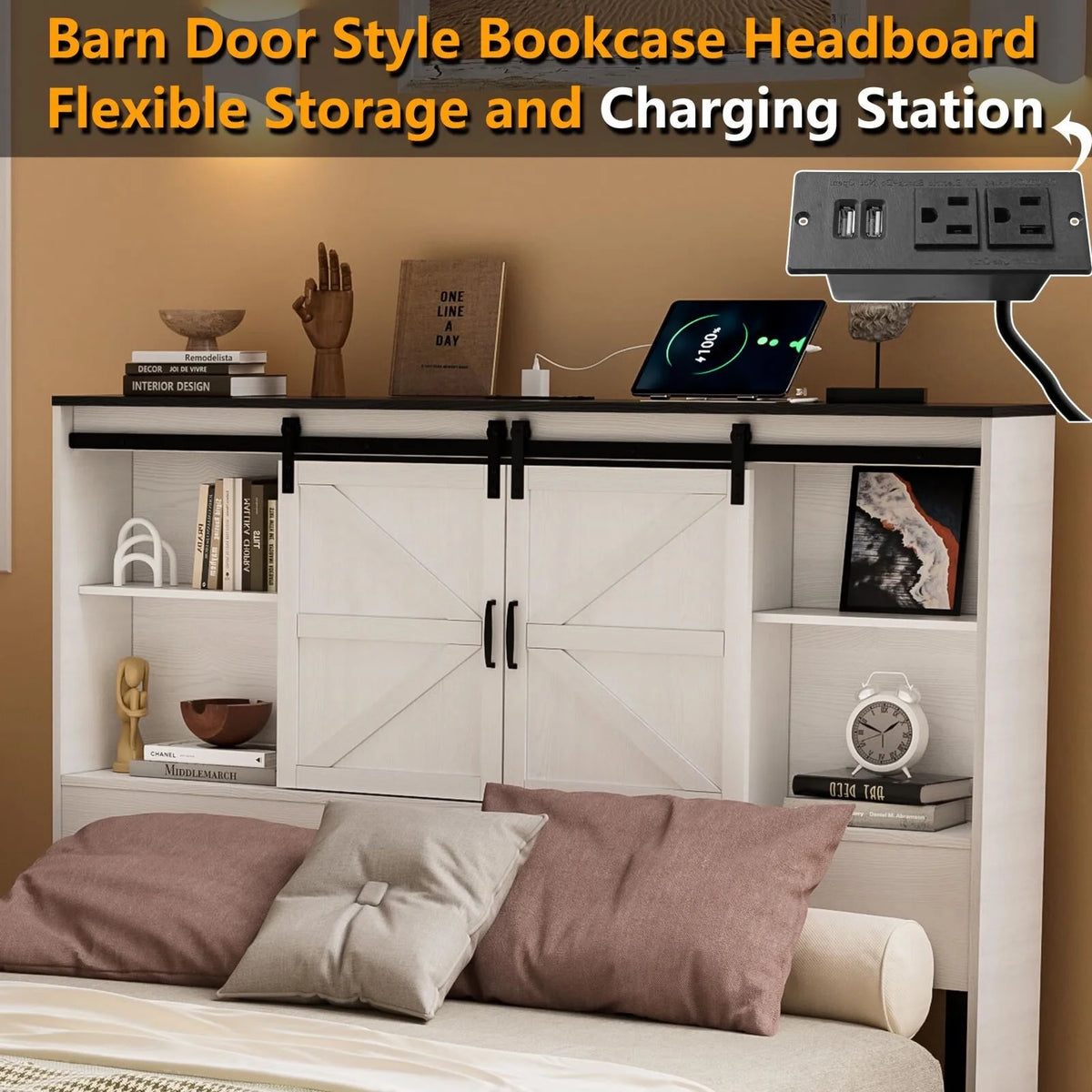 Queen Size Wooden Platform Bed Frame with Bookcase Headboard Storage B3939