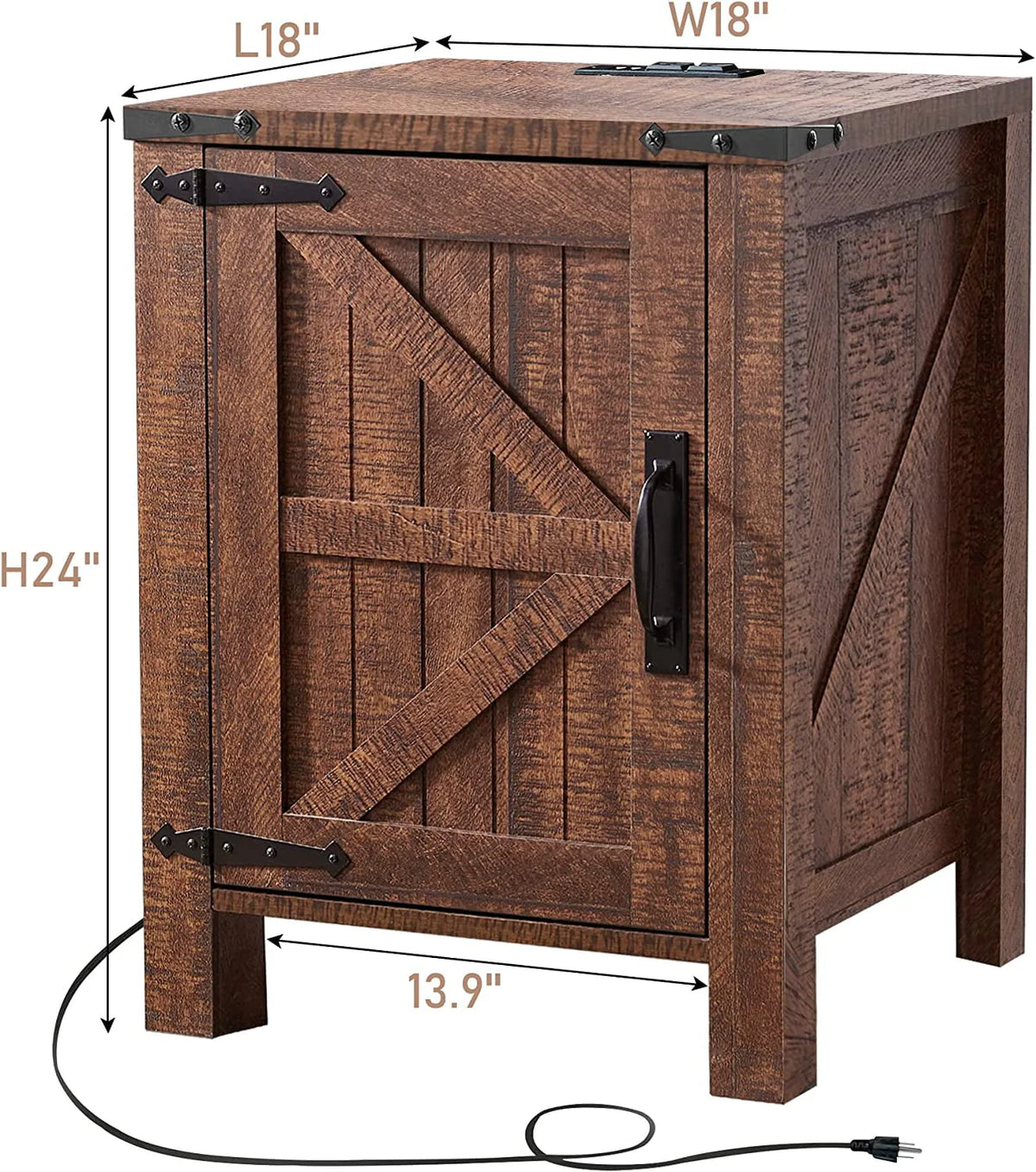 Light Rustic Oak Wood Metal End Side Table with Charging Station V2654