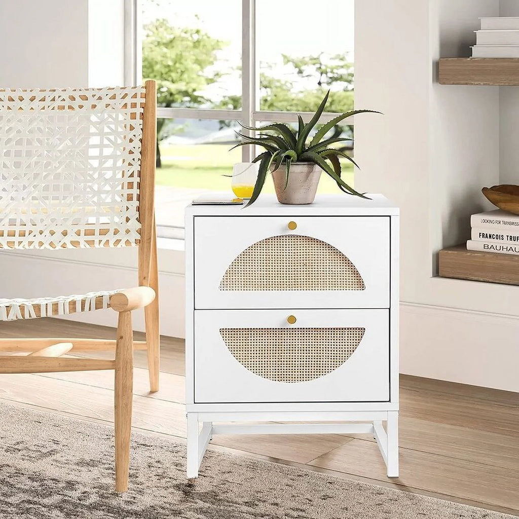 White Wood Nightstand with Rattan Drawers L4589