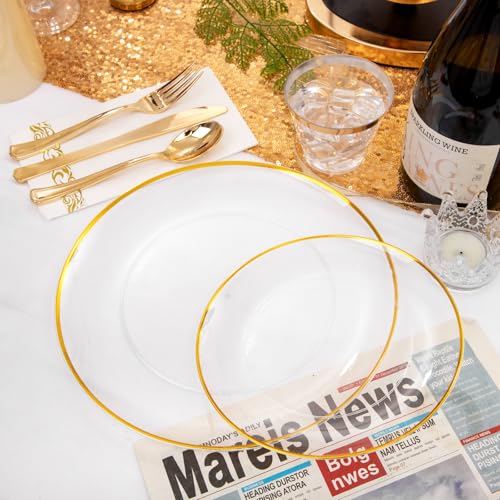 Black and Gold Plastic Plates 350PCS Disposable Dinnerware Set for 50 Guests Q607