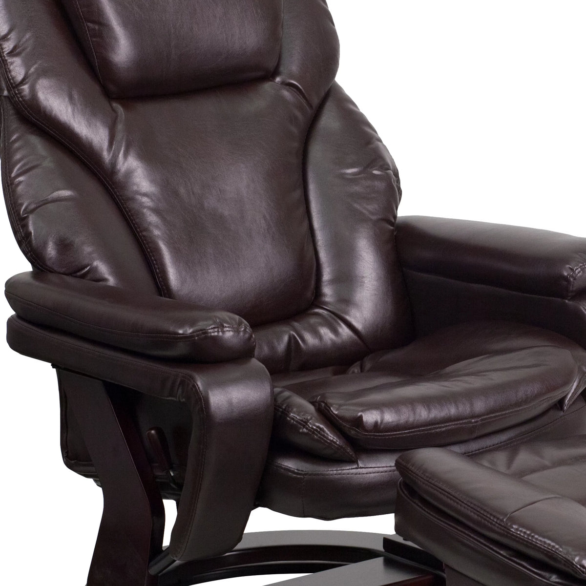 Brown LeatherSoft Recliner and Ottoman with Swivel Mahogany Wood Base M93940