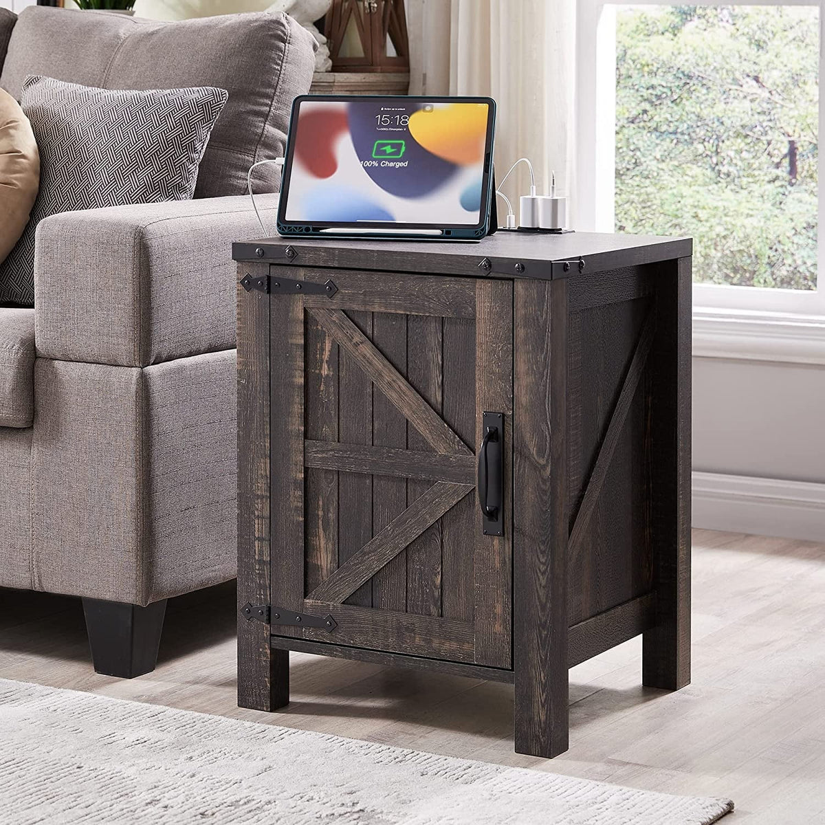 Light Rustic Oak Wood Metal End Side Table with Charging Station V2654