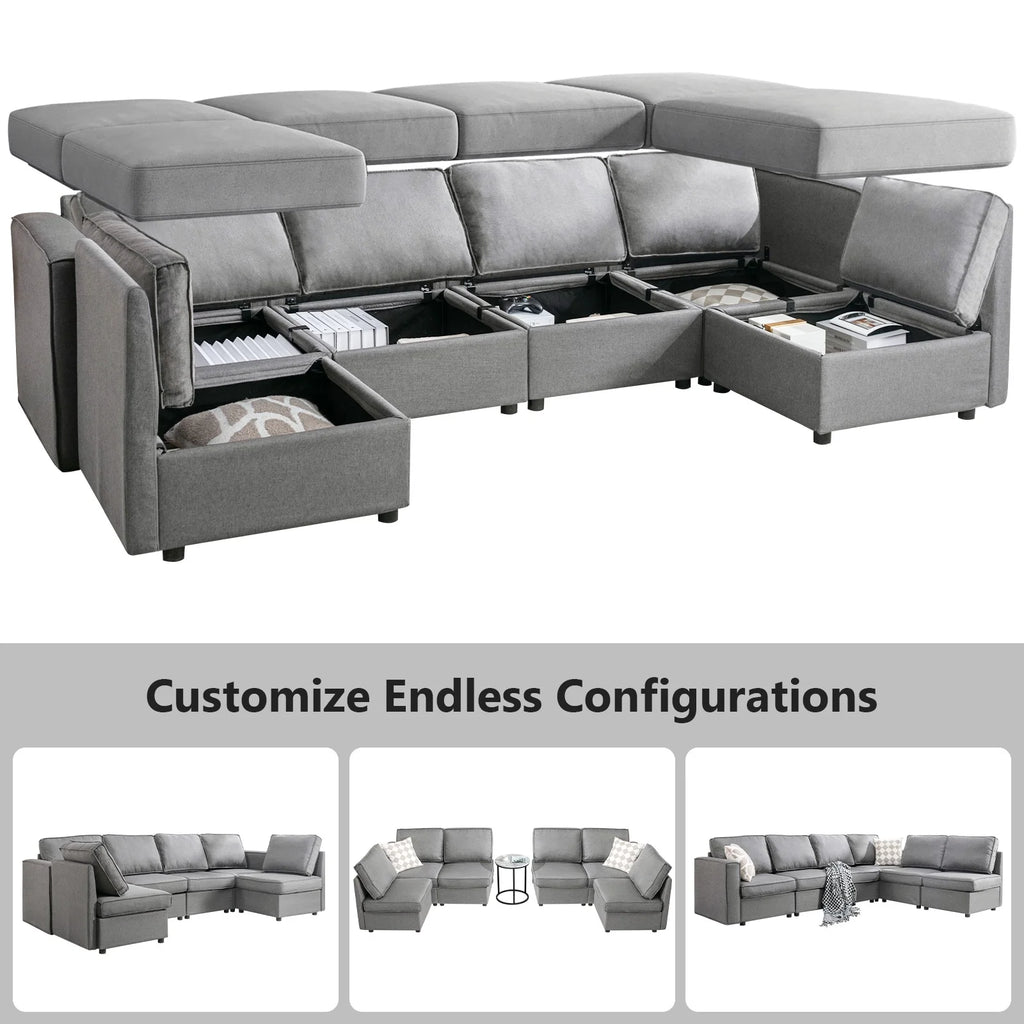 Light Grey U-Shaped Sectional Sofa with Storage and Reversible Chaises A184