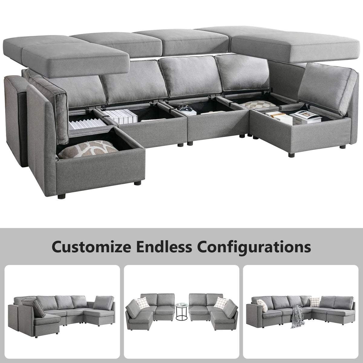 Light Grey U-Shaped Sectional Sofa with Storage and Reversible Chaises A184