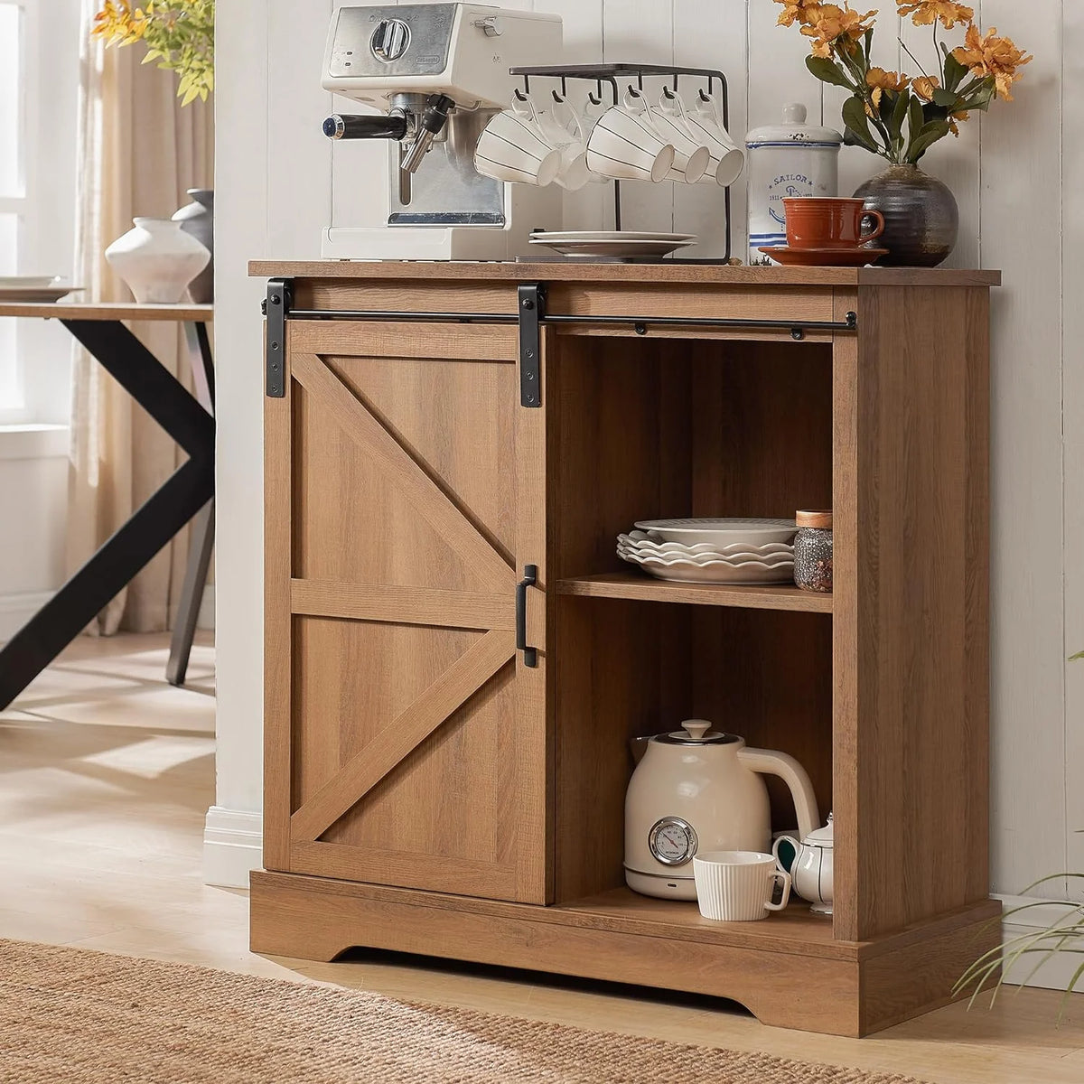 Rustic Brown Sliding Barn Door Coffee Bar Cabinet Q6908