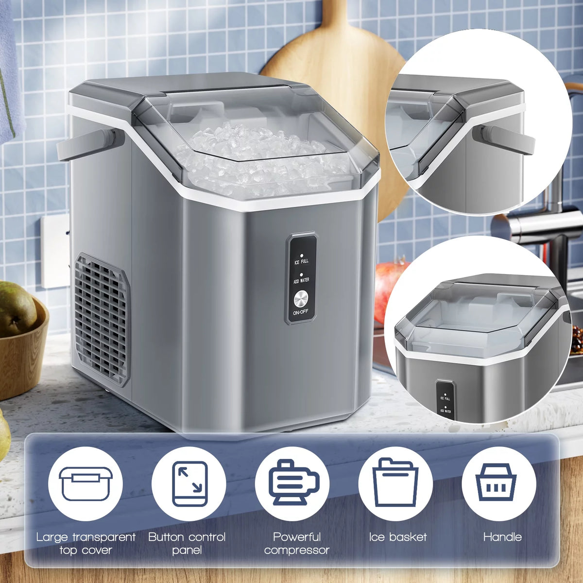 Portable Nugget Ice Maker Countertop Self-Cleaning 33lbs/24H Grey Y894223