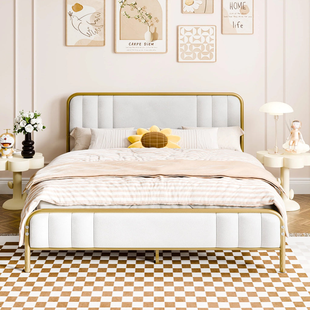 Gold Queen Size Velvet Fabric Headboard Metal Platform Bed V96017