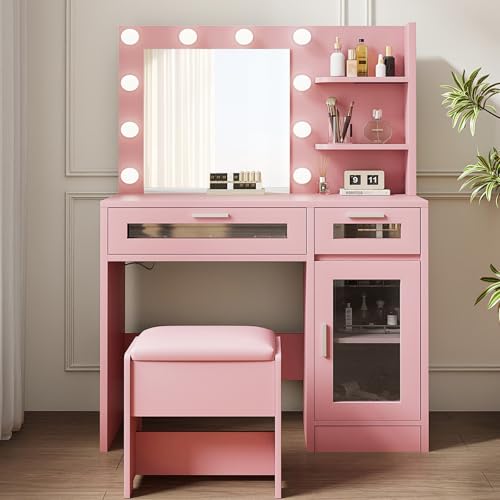 White Vanity Desk with Mirror and Lights C37190