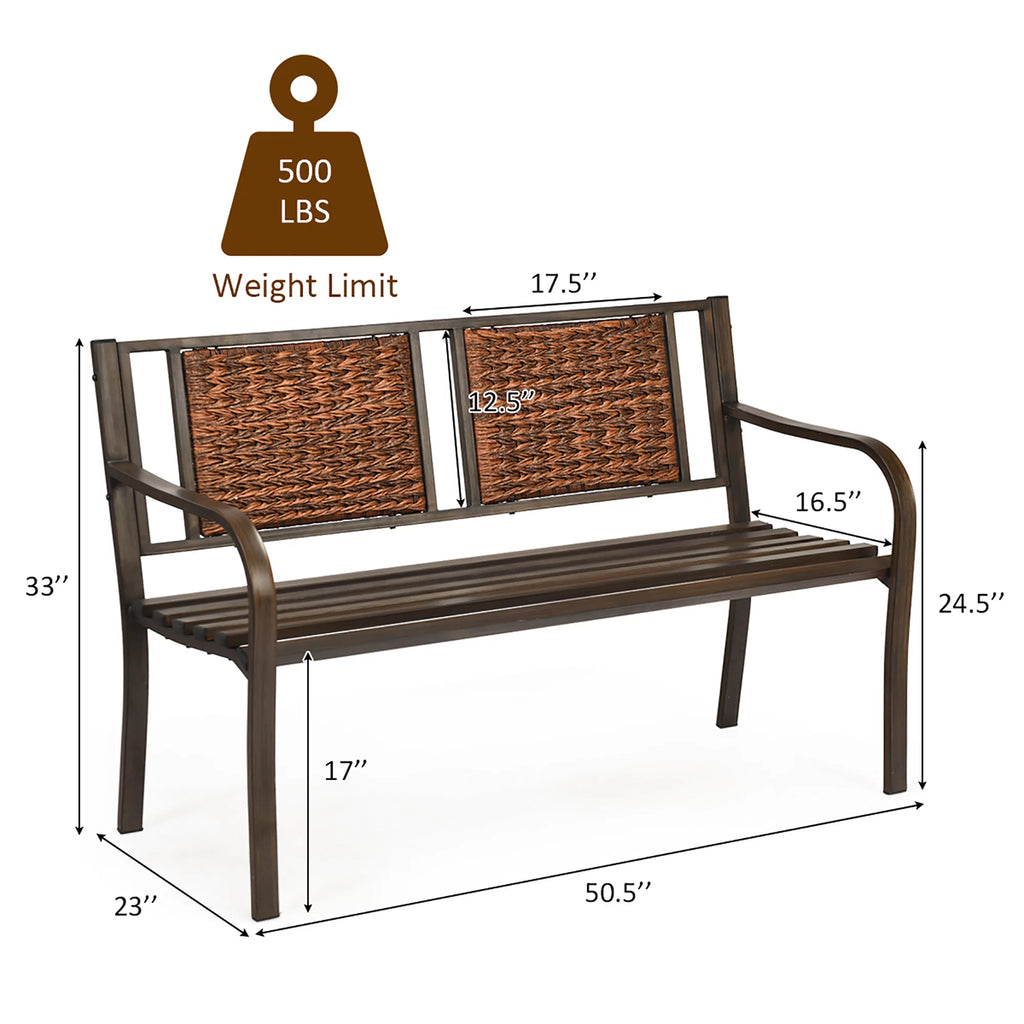 Patio Garden Bench Steel Frame Rattan Backrest C126651