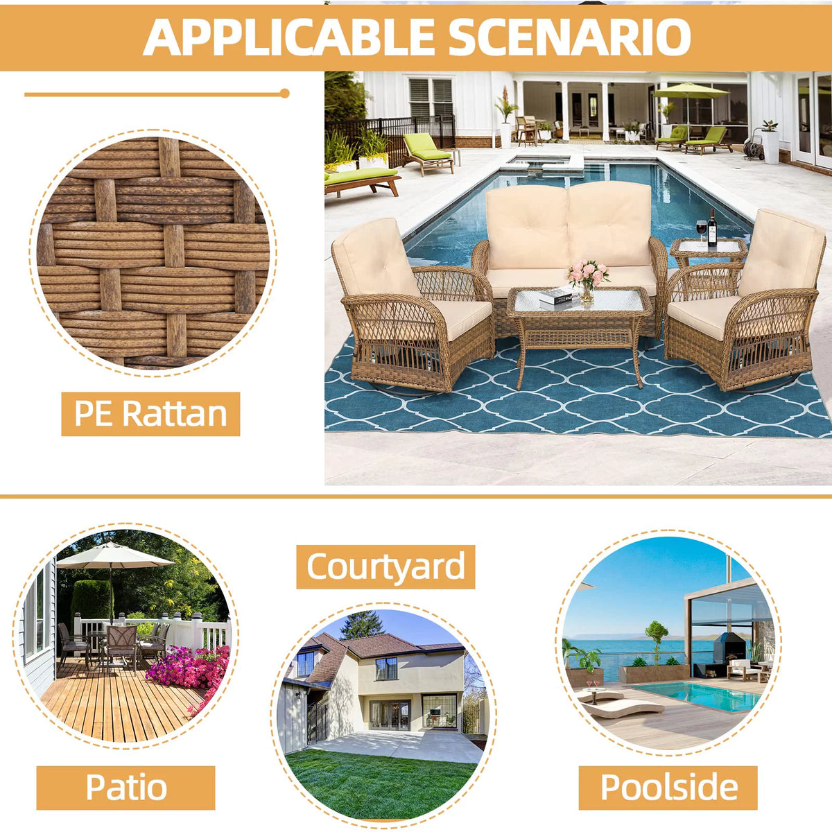 5 Pieces All Weather Wicker Patio Conversation Sofa Set with Glass Coffee Table W43867