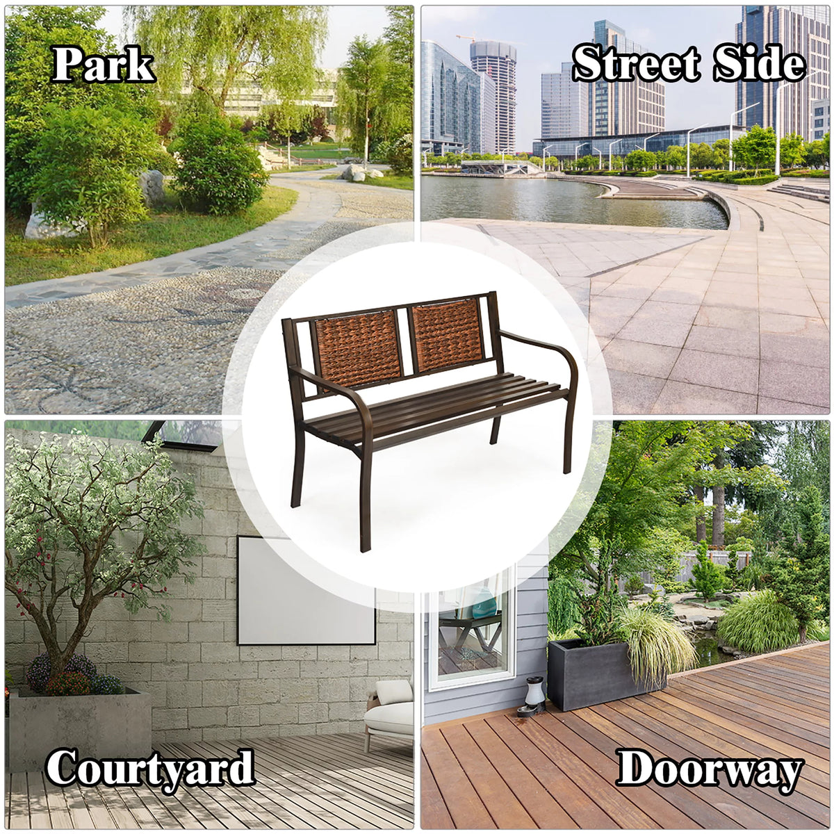 Patio Garden Bench Steel Frame Rattan Backrest C126651