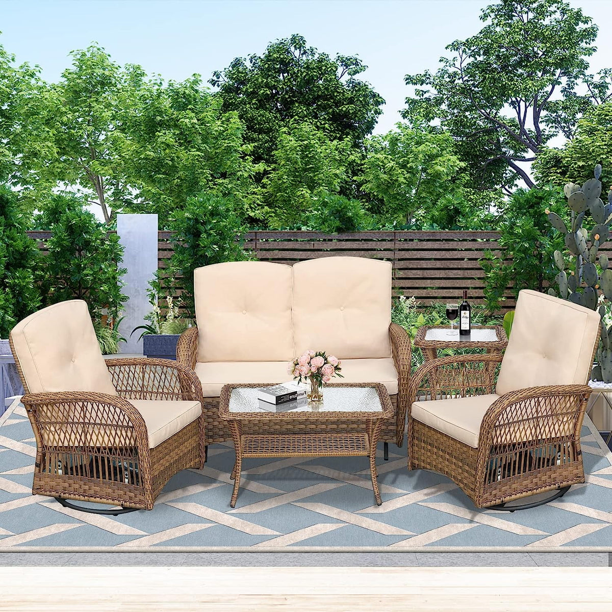 5 Pieces All Weather Wicker Patio Conversation Sofa Set with Glass Coffee Table W43867