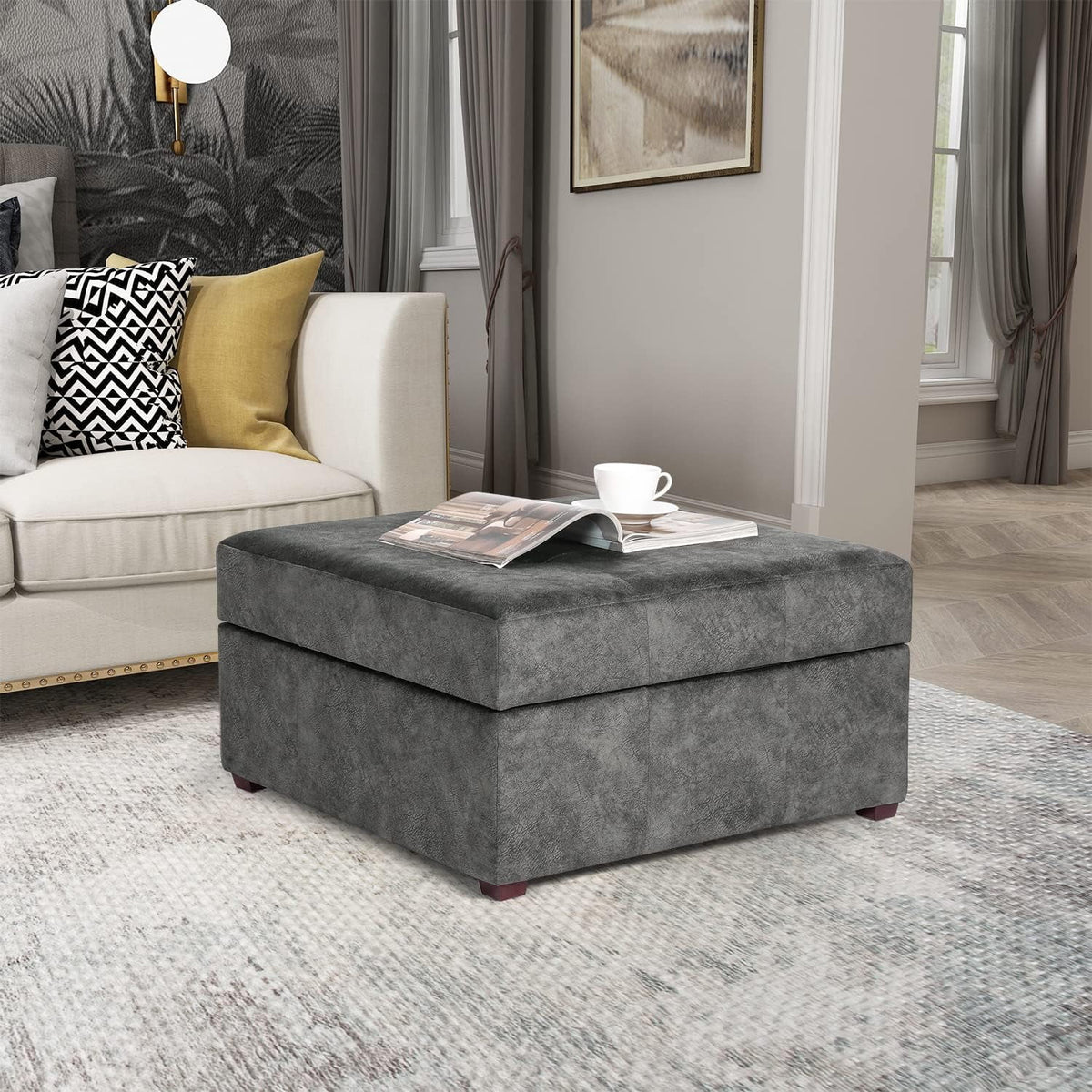 Gray Tufted Storage Ottoman Bench with Wood Legs J92810
