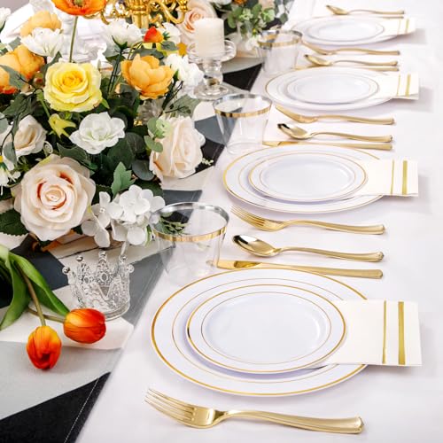 Black and Gold Plastic Plates 350PCS Disposable Dinnerware Set for 50 Guests Q607