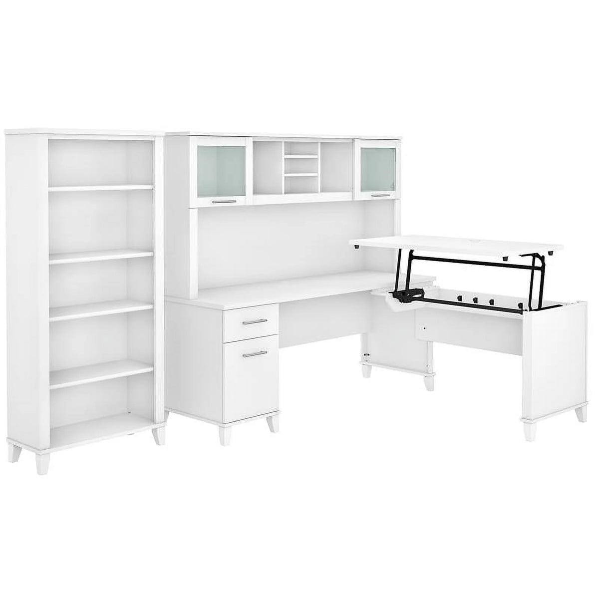 White Engineered Wood Sit to Stand Desk with Hutch and Bookcase B67402