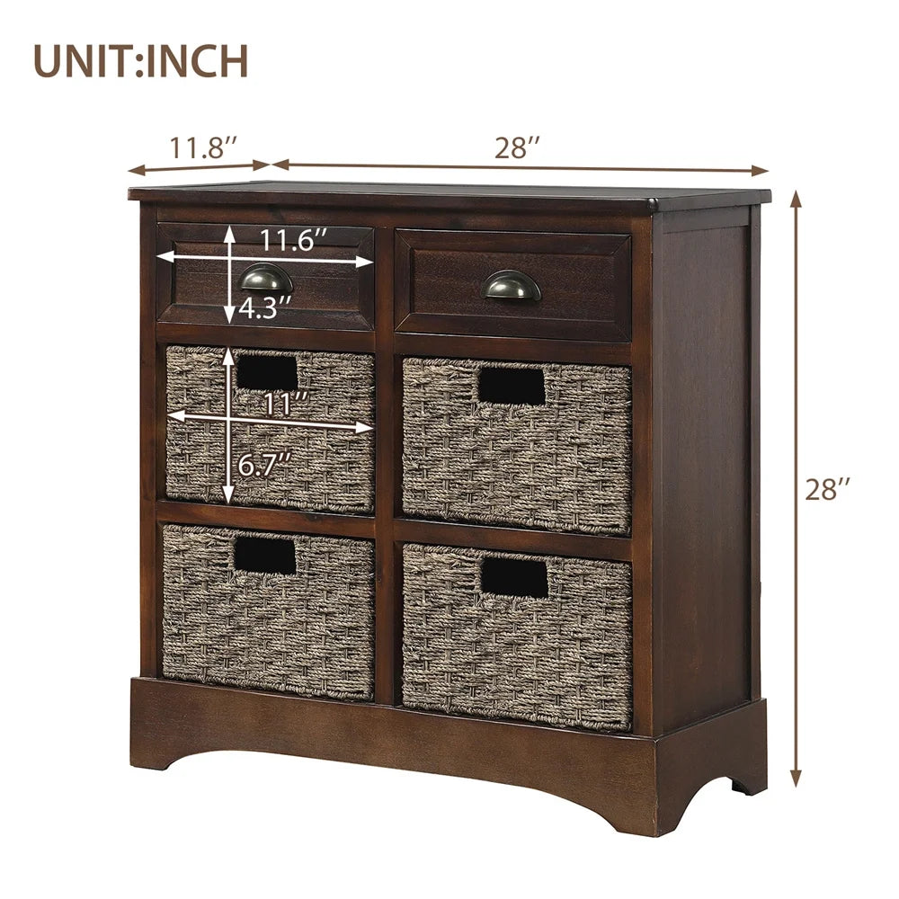 Espresso Wood Storage Cabinet with 2 Drawers and 4 Wicker Baskets V72399