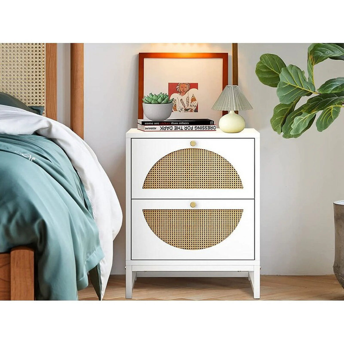 White Wood Nightstand with Rattan Drawers L4589