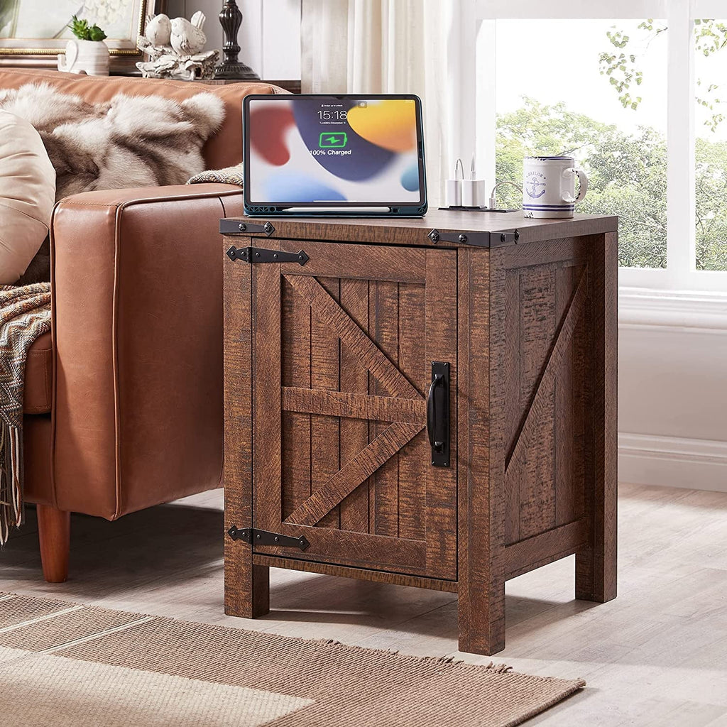 Light Rustic Oak Wood Metal End Side Table with Charging Station V2654