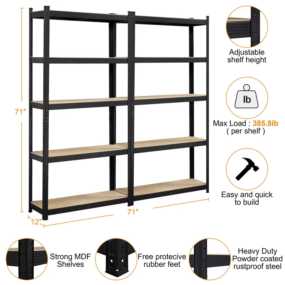 5-Shelf Adjustable Steel Storage Shelf Unit, Black, 2 Pack H41117